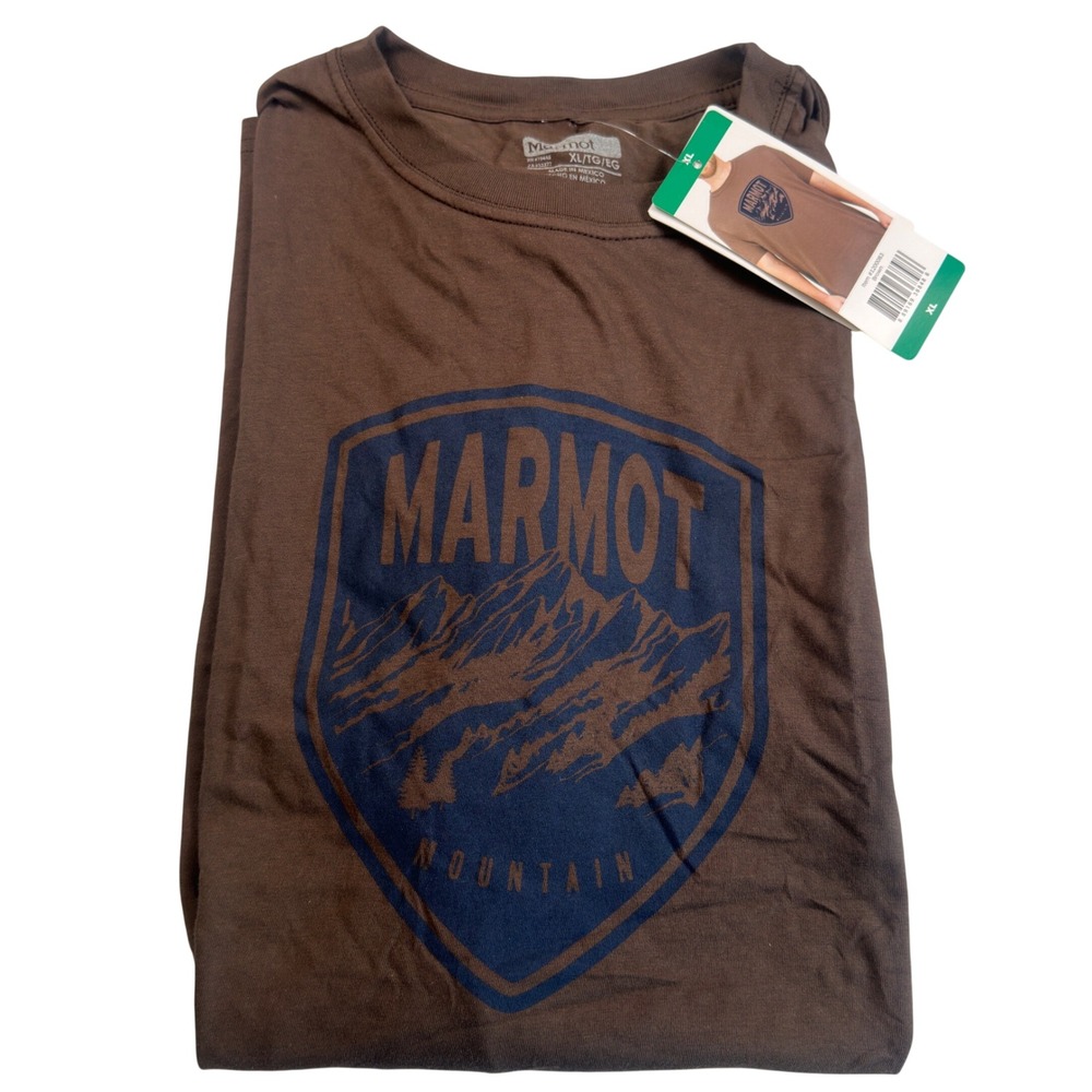 NWT Marmot Mens Brown Organic Cotton Graphic Tee Mountain Shield Logo Outdoor XL